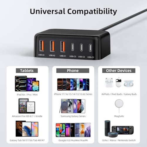 100W 6 in 1 USB Charger, 50% Smaller Charging Station for Multiple Devices - color: B-Black