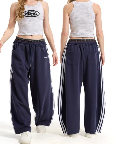 Women's Baggy Barrel Sweatpants, Double Waist Striped Wide Leg Pants - color: Navy Blue, size: X-Small