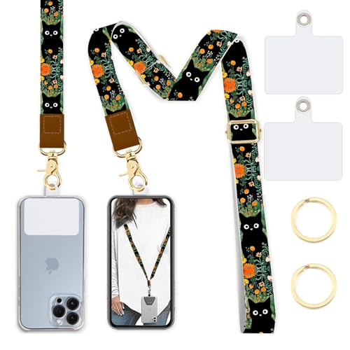 Phone Lanyard Wrist Strap Crossbody Adjustable, Cell Phone Lanyard for Around The Neck Shoulder Wristlet Strap - color: Green Flower Cats