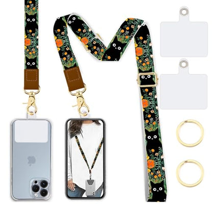 Phone Lanyard Wrist Strap Crossbody Adjustable, Cell Phone Lanyard for Around The Neck Shoulder Wristlet Strap - color: Green Flower Cats