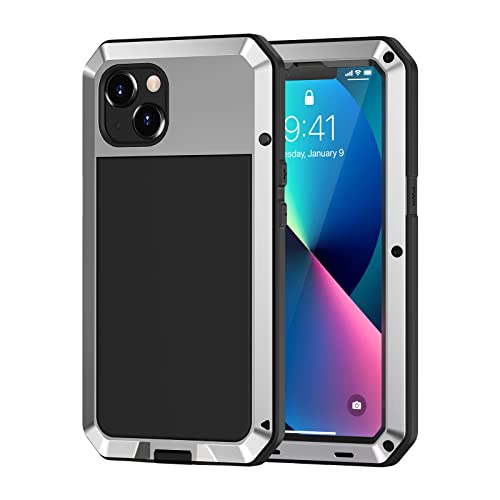 Lanhiem for iPhone 13 Metal Case, Heavy Duty Shockproof Tough Rugged Case with Built-in Glass Screen Protector, 360 Full Body Protective Cover for iPhone 13 6.1 inch, Silver - color: Silver