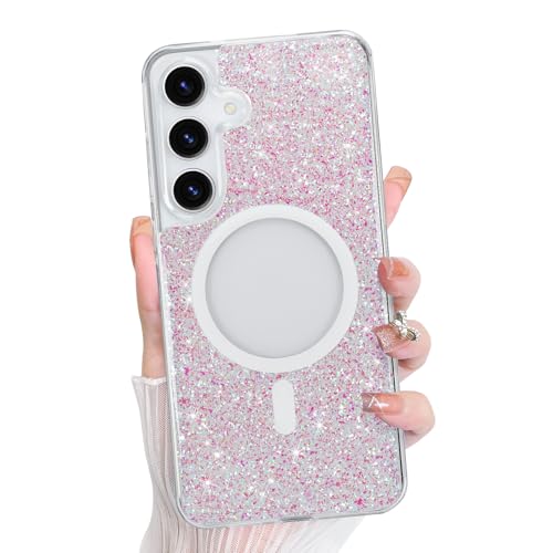Bonoma for Samsung Galaxy S25 Case Bling Sparkly Crystal -Glitter Pink | Glitter Back, Magnetic Support for MagSafe Shockproof, and Clear High-Duty Protection for Girls Women - color: Glitter Pink, size: Samsung Galaxy S25