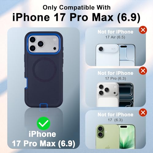 Magnetic for iPhone 17 Pro Max Case with Clip & 360°Rotating Kickstand | Compatible with MagSafe, Anti-Drop Shockproof Heavy Duty Outdoors Case for iphone 17 Pro Max Men Women, Navy Blue 6.9 Inch - color: Navy+Blue
