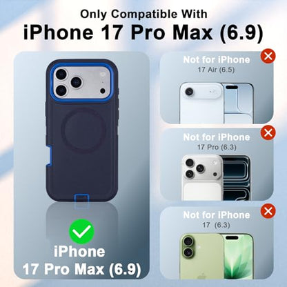 Magnetic for iPhone 17 Pro Max Case with Clip & 360°Rotating Kickstand | Compatible with MagSafe, Anti-Drop Shockproof Heavy Duty Outdoors Case for iphone 17 Pro Max Men Women, Navy Blue 6.9 Inch - color: Navy+Blue