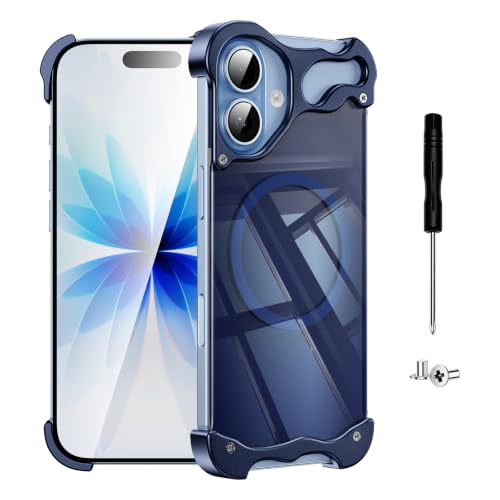Metal Bumper Case for iPhone 17, MagSafe Compatible, Blue | Slim Magnetic Glossy Back Panel, Camera Protection, 4-Corner Airbag Cushion Shockproof, Minimalist Detachable Design - color: Blue, size: iPhone 17