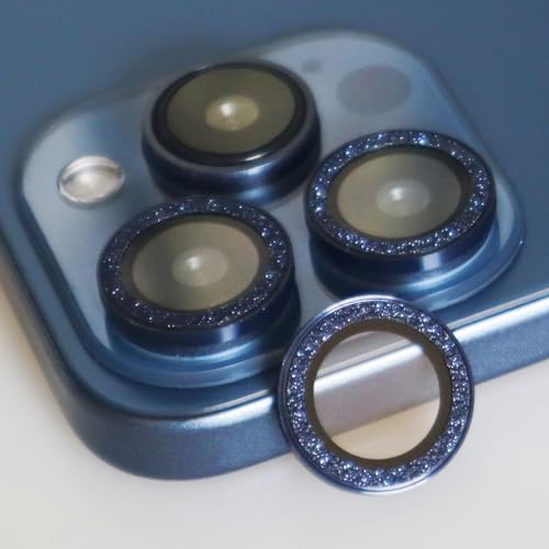 BONVAN for iPhone 15 Pro / 15 Pro Max / 14 Pro / 14 Pro Max Camera Lens Protector Bling Glitter Metal Crystal Tempered Glass Screen Accessories Lens Cover (DK.Blue) - color: DK.Blue