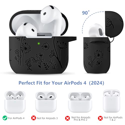 Lerobo for AirPods 5/4 Case, Flower Engraved Soft Silicone Cover, Black - color: A-Black, size: AirPods 5&4