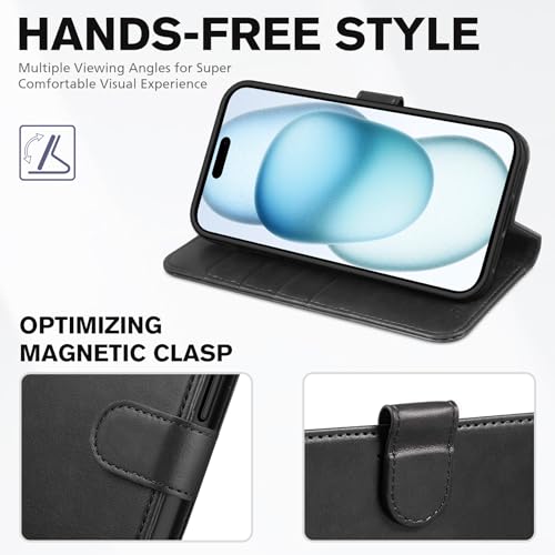 TUCCH Wallet Case for iPhone 15 (6.1") 2023, 4 Card Holders, Black | RFID Blocking, Viewing Stand, Shockproof TPU Shell, PU Leather, Magnetic Closure, Protective Folio Flip Cover - color: Black