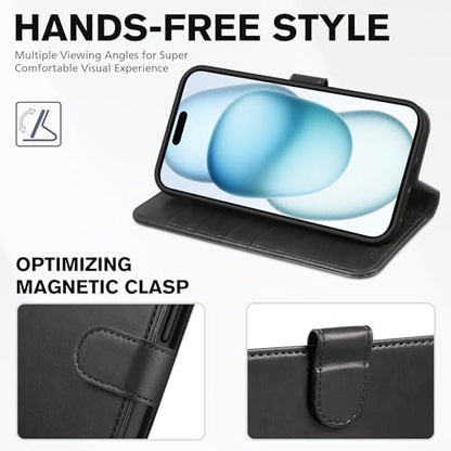 TUCCH Wallet Case for iPhone 15 (6.1") 2023, 4 Card Holders, Black | RFID Blocking, Viewing Stand, Shockproof TPU Shell, PU Leather, Magnetic Closure, Protective Folio Flip Cover - color: Black