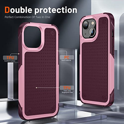 Designed for iPhone 14 Case iPhone 13 Case 2 in 1 Gift Militay Grade Drop Protective Rugged Heavy Duty Cover Shockproof Case for iPhone 14 Phone Case for Women Men boy Girl (Pink+Rose Red) - color: Pink+Rose Red