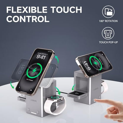 LOBKIN 3 in 1 Wireless Charging Station for Apple Multiple Devices, 15W Fast Foldable Magnetic Charger Stand for iPhone 16 15 14 13 12 Pro Max, Apple Watch Series 10/9/8/Ultra