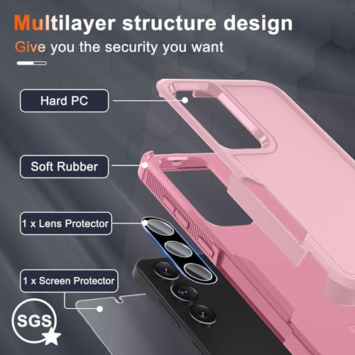 Case for Samsung Galaxy S24 FE, Full Body Heavy Duty Rugged Shockproof Protective Phone Cover with Lanyard Strap, Tempered Glass Screen Protector and Camera Lens Cover, Cute Pink | Rugged Shockproof Protective Case,with Tempered Glass Screen Protector + C