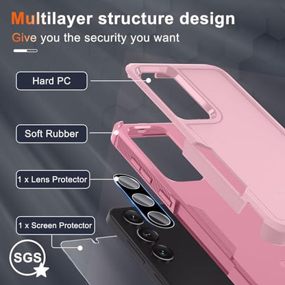 Case for Samsung Galaxy S24 FE, Full Body Heavy Duty Rugged Shockproof Protective Phone Cover with Lanyard Strap, Tempered Glass Screen Protector and Camera Lens Cover, Cute Pink | Rugged Shockproof Protective Case,with Tempered Glass Screen Protector + C