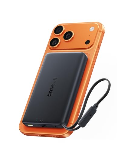 Baseus Picogo AM52 MagSafe Power Bank, Qi2.2 25W 10,000mAh Magnetic Portable Charger, 0.6" Slim Built-in 45W USB-C Cable, Alloy Fast Charging Wireless Battery Pack for iPhone 17/16/15/14/13/12 Only - color: Deep Black