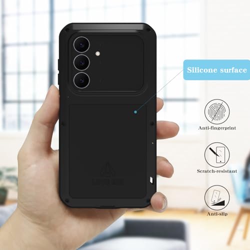 LOVE MEI Military Rugged Case for Samsung Galaxy S25 FE 5G, with Tempered Glass Screen Protector, Shockproof Dustproof Scratch Proof Hybrid Metal and Silicone Gel Heavy Duty Full Body Cover (Black) - color: Black
