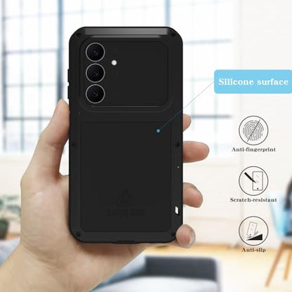 LOVE MEI Military Rugged Case for Samsung Galaxy S25 FE 5G, with Tempered Glass Screen Protector, Shockproof Dustproof Scratch Proof Hybrid Metal and Silicone Gel Heavy Duty Full Body Cover (Black) - color: Black