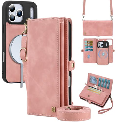 for Wallet Case Compatible with iPhone 17 Pro,Multi-Function Detachable 2 in 1 Magnetic iPhone 17 Pro Case Wallet,Flip Strap Zipper Card Holder Phone Case with Shoulder Straps (Pink) - color: Pink, size: iPhone 17 Pro
