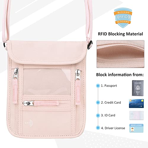 WALNEW Passport Holder Neck Pouch Travel Wallet for Women and Men, RFID Blocking Security Slim Traveling Wallet with Around Neck Lanyard Strap, Pink - color: Pink