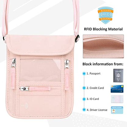 WALNEW Passport Holder Neck Pouch Travel Wallet for Women and Men, RFID Blocking Security Slim Traveling Wallet with Around Neck Lanyard Strap, Pink - color: Pink