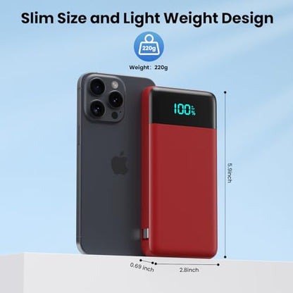 Portable Charger for iPhone,13800mAh Slim Power Bank with Built-in Cables & AC Wall Plug,All in One 4 Outputs USB C Fast Charging Battery Pack Travel Essential for iPhone 17/16/15/14,Android (Red) - color: Red