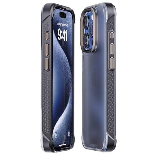 REBEL Clear Case for iPhone 15 Pro [Frosted Series Gen-5] Translucent Matte Texture, Grippy Sides, Non-Yellowing, Protective Shockproof Bumpers, Metal Lens & Buttons, 6.1 Inch Phone 2023 - color: Frosted Black, No MagSafe, size: iPhone 15 Pro