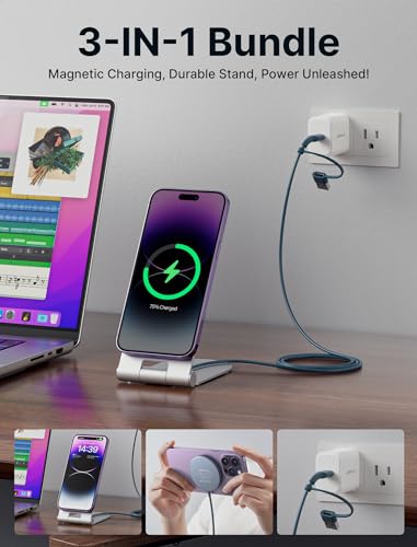 JSAUX Magnetic Wireless Charger Compatible with MagSafe Charger iPhone 16/15/14/13/12 Series, Wireless Mag Safe Charging Pad (Blue) with 20W PD Adapter and Desktop Stand - color: Blue-Full Set