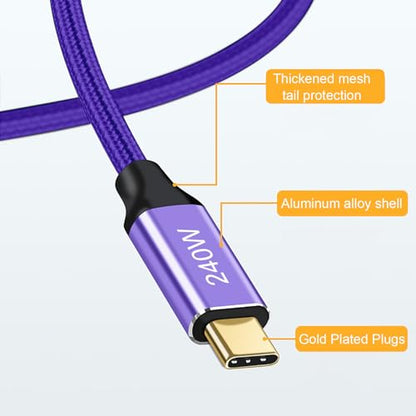 Dual Right 240W USB-C to USB-C Cable 10FT Purple, Fast Charging - color: Purple, size: 10FT