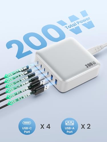 USB C Charger Block 200W[2025 Upgraded] GaN III 6 Port Fast Charging Station Hub,PD 65W USB C Laptop Charger Compatible with MacBook Pro/Air,iPad,iPhone 16/15,Galaxy S23/S24 Steam Deck Dell XPS etc - color: Cool-white, size: 200W