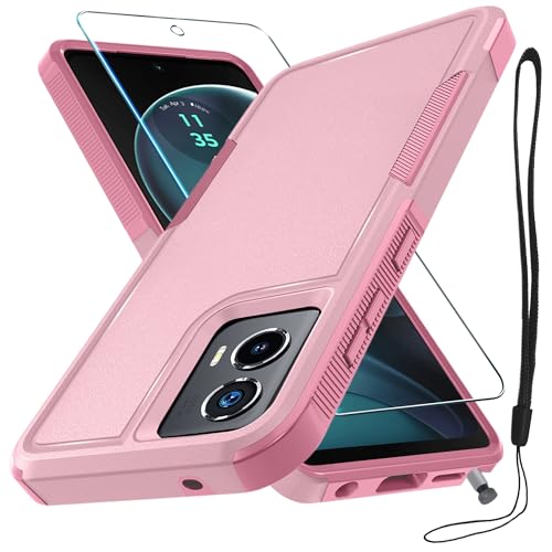 Case Compatible with Moto G Stylus 5G 2024, Full Body Heavy Duty Rugged Shockproof Protective Phone Cover with Lanyard Strap, Tempered Glass Screen Protector, Cute Pink | with Tempered Glass Screen Protector+Lanyard Strap,Rugged Shockproof Protective Phon