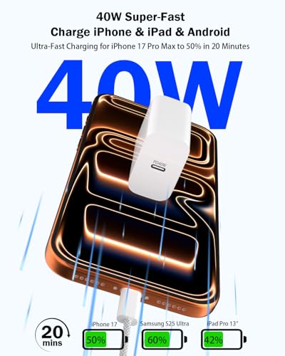 40W GaN III USB C Charger Block with 10FT Cable, PD 3.0 PPS Fast Charging - color: White