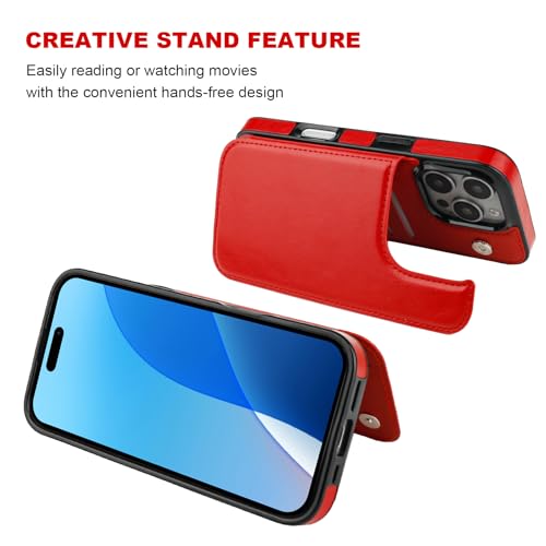 ONETOP for iPhone 16 Pro Wallet Case with Credit Card Holder,Red | Kickstand,ID/Cash Holder,Case Wallet with Card Slots,Double Magnetic Clasp,Durable PU Leather Shockproof Cover for Women Men - color: Red