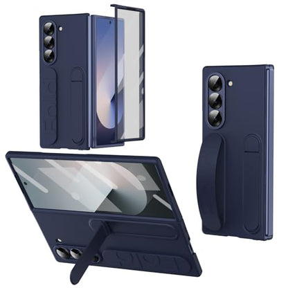 for Samsung Galaxy Z Fold 6 Protect Case with Wristband Stand,Bulit-in Screen & Lens Protection Shockproof Full Body Drop Fall Protection.(Blue) - color: Blue