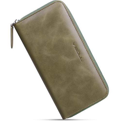 VISOUL Leather Long Zipper Pouch Wallet for Men and Women with RFID Blocking, Large Clutch Cash Long Wallet with Zipper (Olive Green) - color: Olive Green