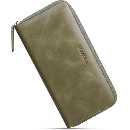 VISOUL Leather Long Zipper Pouch Wallet for Men and Women with RFID Blocking, Large Clutch Cash Long Wallet with Zipper (Olive Green) - color: Olive Green