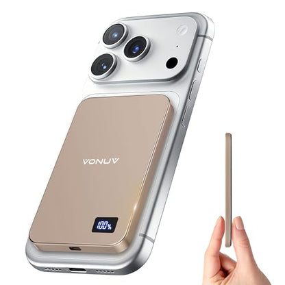 Magnetic Portable Charger 5000mAh, 15W Ultra Slim Wireless Portable Charger, Fast Charging for iPhone 16/15/14/13/12 Pro/Pro Max/Plus, Metal Shell, USB-C Cable to Charge Other Phones (Gold) - color: Gold