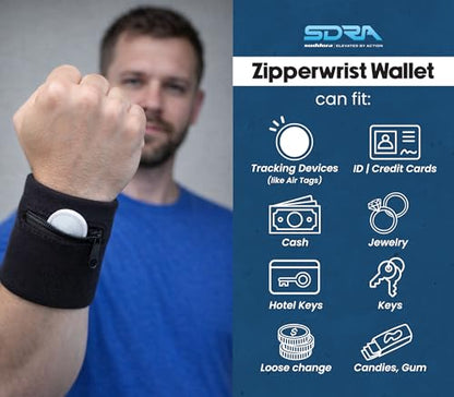 Suddora Zipper Wrist Pouch - Sweatband/Wristband Wallet for Keys, ID, Cards, Cash - color: Black