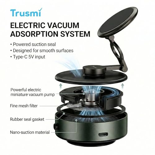 Trusmi Electric Vacuum Magnetic Car Windshield Phone Mount, 4300 Gauss, Type-C Powered, for Glass & Smooth Flat Surfaces Only, 360° Rotation, Hands-Free Holder, Black