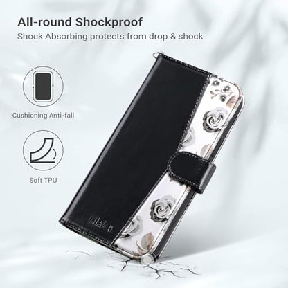 ULAK Compatible with iPhone 17 Pro Wallet Case with Card Holder, PU Leather Case with Kickstand Card Slots Wrist Strap, Durable Shockproof Protective Cover 6.3 Inch, Black Flower - color: Black, size: iPhone 17 Pro - 6.3 inch