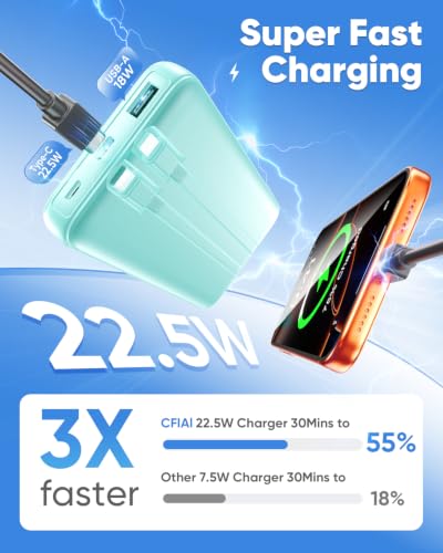 CFIAI Portable Charger 15000mAh Slim Power Bank with Built in Cables - color: Teal