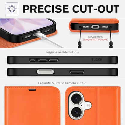 TUCCH Wallet Case for iPhone 17 (6.3") 2025, 4 Card Slots, Orange | RFID Blocking, Viewing Stand, Shockproof TPU Shell, PU Leather, Magnetic Closure, Protective Folio Flip Cover - color: Orange