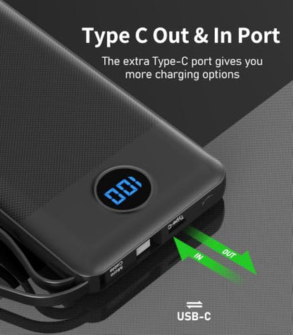 Portable Charger Built in 4 Cables, 10000mAh Power Bank, Black - color: Black