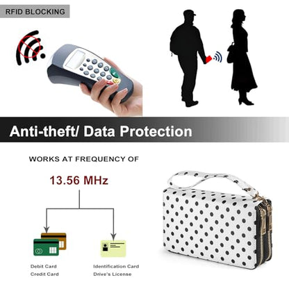 RFID Blocking Cellphone Wallet for Women with Removable Strap, Large Capacity Multi Card Wristlet Purse for Travel, Coin Pocket & Double Zipper, Polka Dot - color: Black Polka Dot