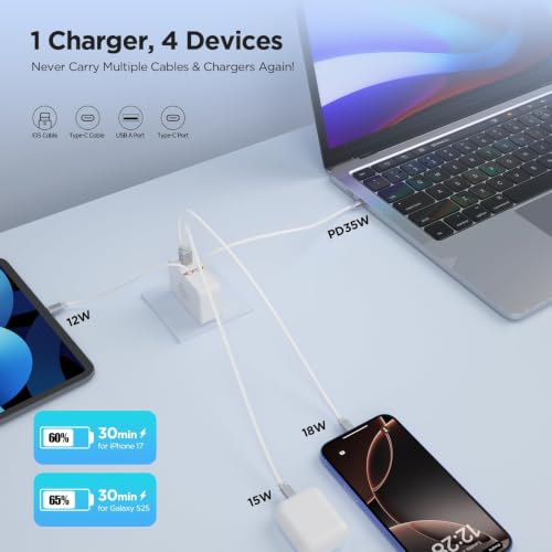 4-in-1 Retractable Wall Charger,35W Ultra-Compact Travel Charger - color: White