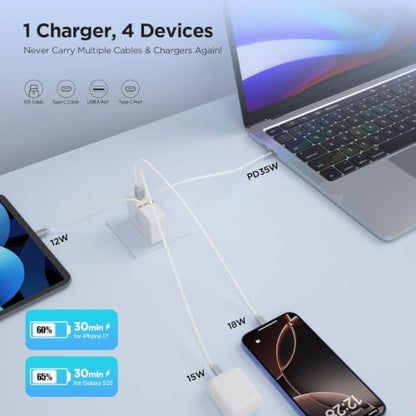 4-in-1 Retractable Wall Charger,35W Ultra-Compact Travel Charger - color: White