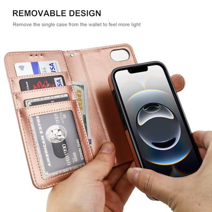 Bocasal Detachable Wallet Case Card Holder for iPhone 17e/16e, Rose Gold | RFID Blocking Kickstand Card Slots Holder PU Leather Magnetic Shockproof Wrist Strap Removable Flip Protective Cover 6.1 inch - color: Rose Gold