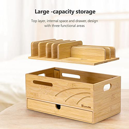 Homde Bamboo Charging Station Organizer: 6 Compartments and Drawer - color: Natural