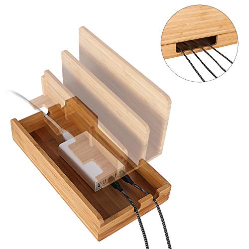 Bamboo Wood Multi-Device Desktop Charging Dock Station Charger Holder Cradle Stand Compatible for iPhone 16 15 14 13 12 11 Pro Max iPad mini Pro Air Laptop Tablets Samsung LG Sony Smartphones - color: Large
