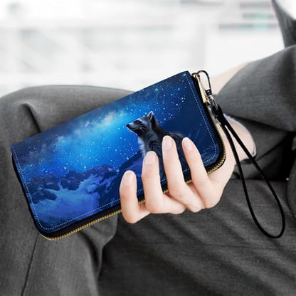 Ladies Wallet,Clutch Purses for Women Wallets Leather Credit Card Holder for Women Wristlet Slim Small Cute with Zipper,Thin RFID Blocking with Wrist Strap,Blue Galaxy Raccoon - color: Blue Galaxy Raccoon