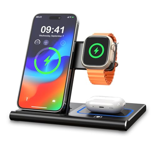 EXW [2024 Upgraded] Charging Station, Charging Station for Apple Devices, Wireless Charger for iPhone 16 15 14 13 12 11 Pro Max XR XS 8, Apple Watch and AirPods(Adapter Not Included)(Rock Black)