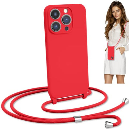 Crossbody Lanyard Strap Case for iPhone 14 Pro Max, Neck Cross Body, Adjustable Holder Removable, Drop Protection Shockproof, Hands-Free Silicone Case 6.7 inch, 150 cm Strap, iP14PM - Red - color: Red